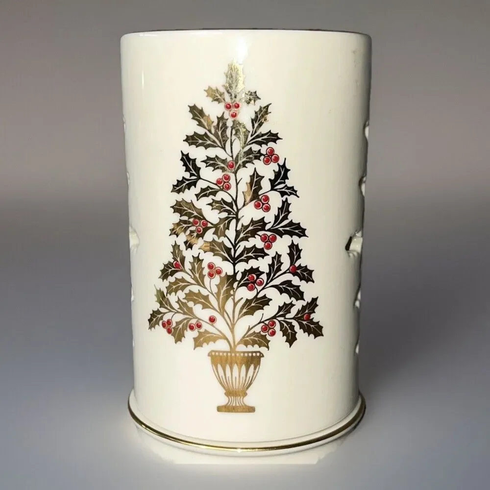 Lenox Eternal Christmas Tall Pierced Votive Candle Holder Porcelain Gold Tree